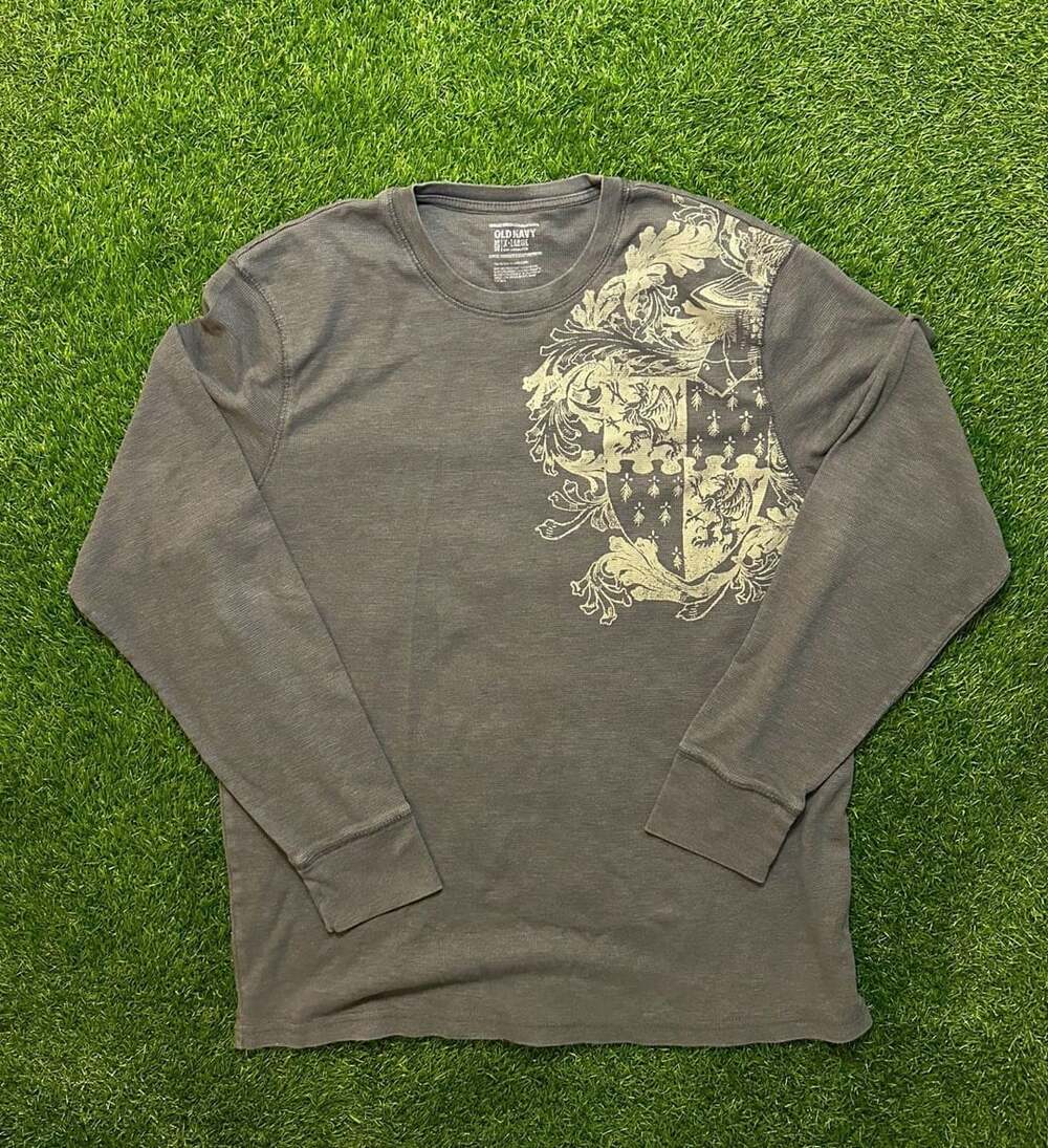 Y2K Old Navy Men's Long Sleeve Thermal Shirt with Crest Design